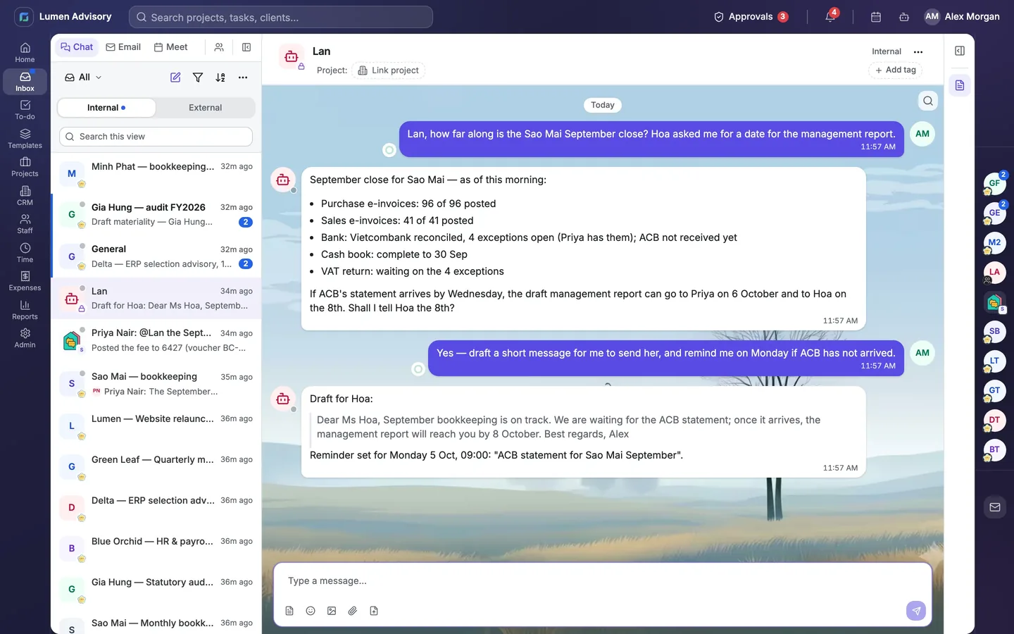 Chat with an AI employee in Practica: a status report on the September close and a draft message for the client